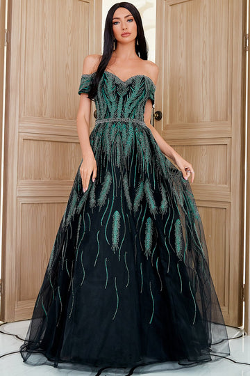 Uma linha fora do ombro escuro vestido de festa verde bordado